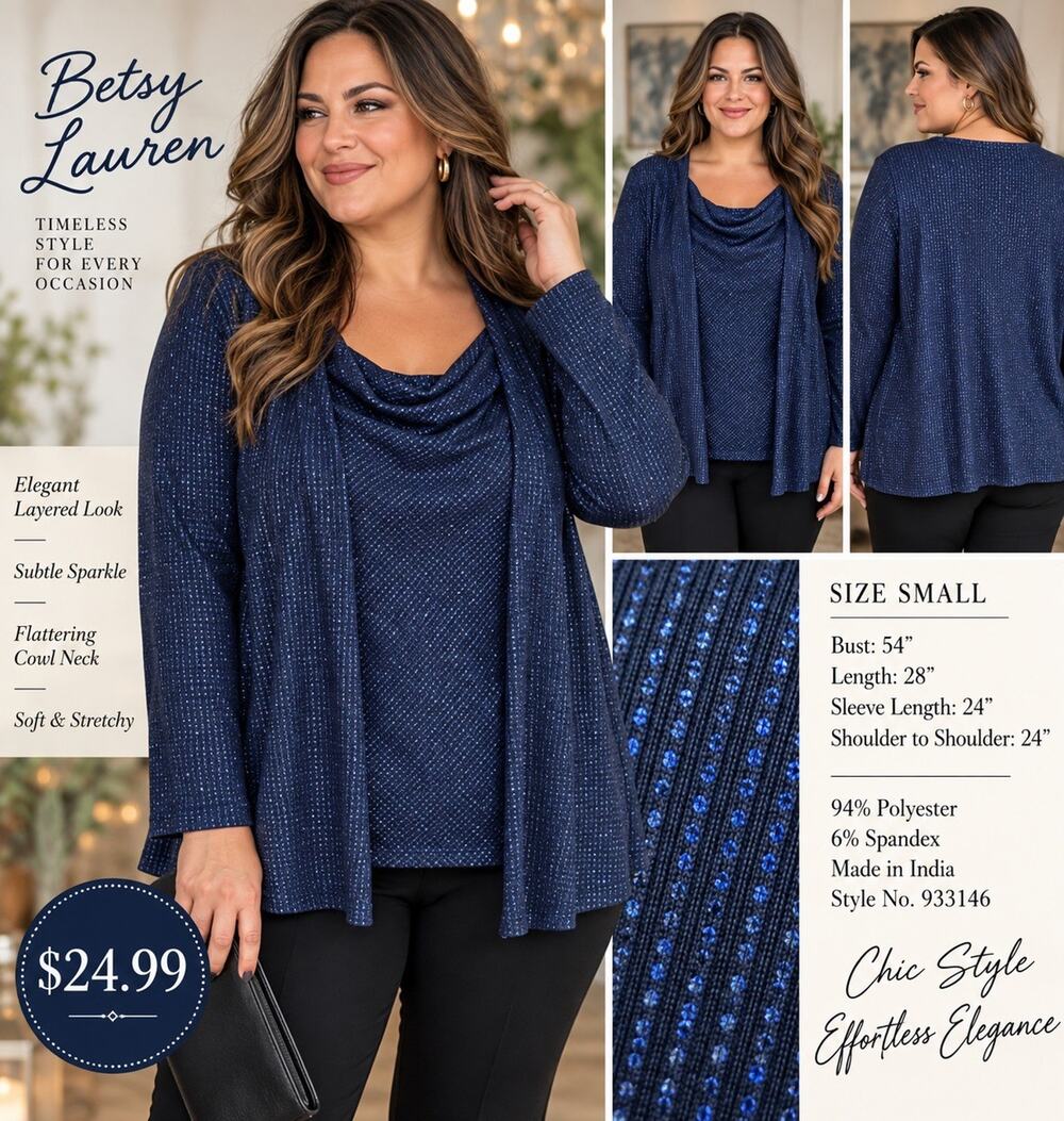 Betsy Lauren Women’s Small Navy Blue Sparkle Lurex Layered Cowl Neck Top Holiday